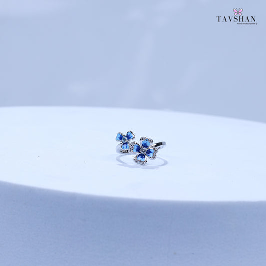 925 Sterling Silver Adjustable Toe Ring – Blue Enamel Triple Flower Design with Sparkling Stones