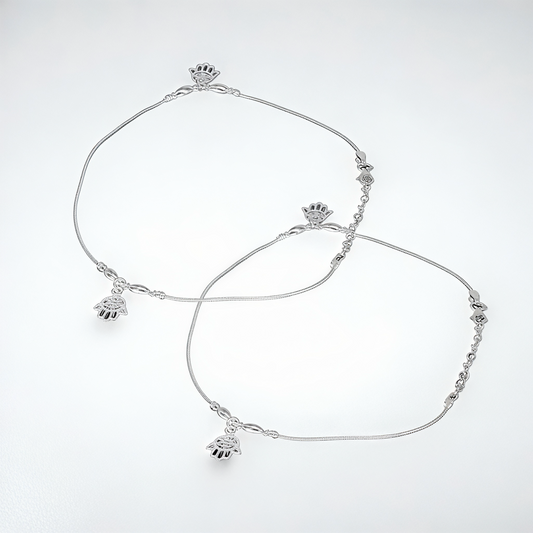 925 Sterling Silver Hamsa Hand Anklet Pair for Women
