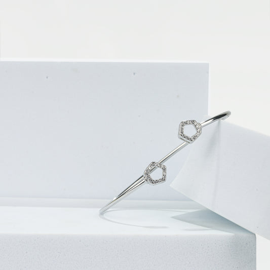 925 Sterling Silver Twin Geometric CZ Open Bangle Bracelet