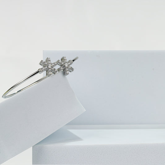 925 Sterling Silver Twin Starburst CZ Open Bangle Bracelet