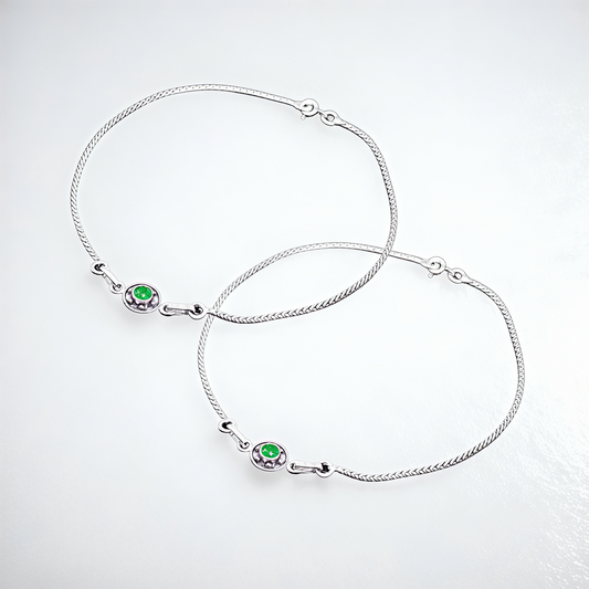 925 Sterling Silver Green Stone Classic Anklet Pair for Women