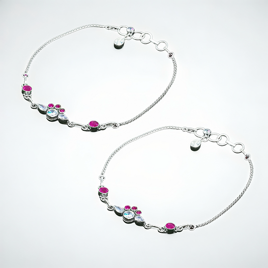 925 Sterling Silver Pink & White CZ Stone Anklet Pair for Women