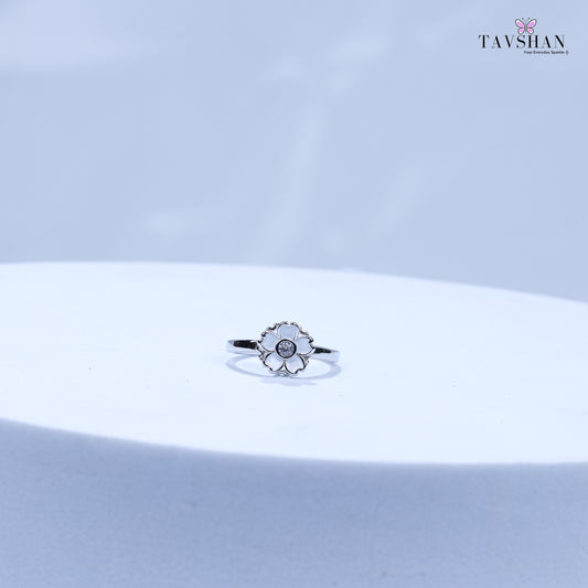 Classic 925 Silver Toe Ring – White Enamel Blossom with Central CZ Stone