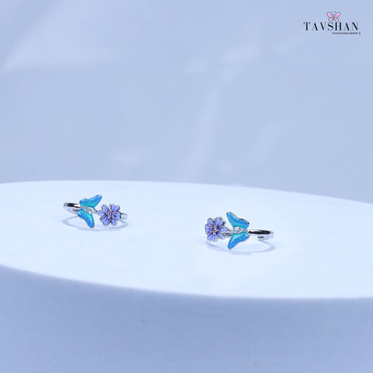925 Sterling Silver Adjustable Toe Ring – Blue Enamel Leaf & Purple Flower with Sparkling Stone