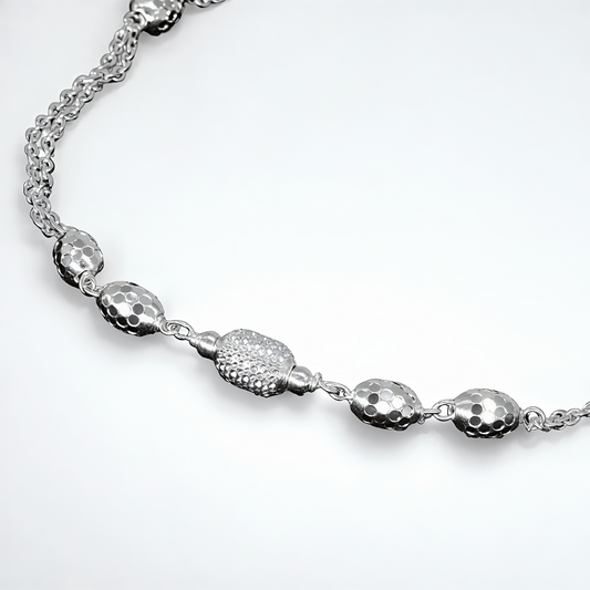 925 Sterling Silver Hammered Bead Dual Chain Anklet Pair for Women