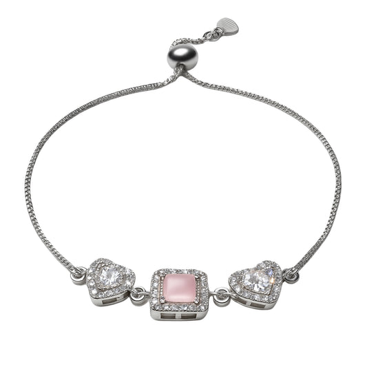 925 Sterling Silver Pink Stone & Heart CZ Halo Bracelet