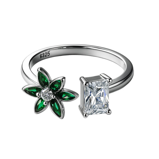 925 Sterling Silver Green Flower and Solitaire Ring