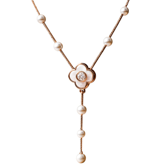 Rose Gold Pearl Drop Floral Necklace in 925 Sterling Silver