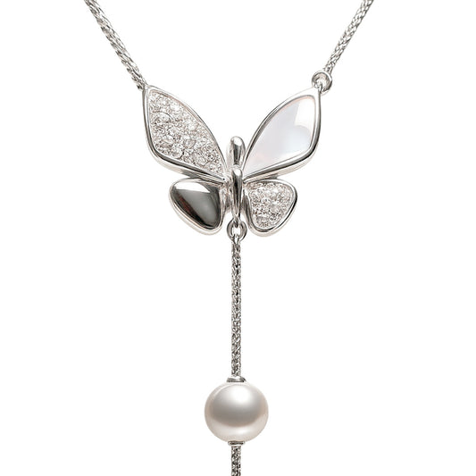 Butterfly Pearl Drop Y Necklace in 925 Sterling Silver