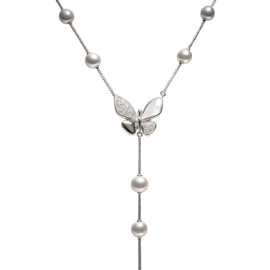 Butterfly Pearl Drop Y Necklace in 925 Sterling Silver