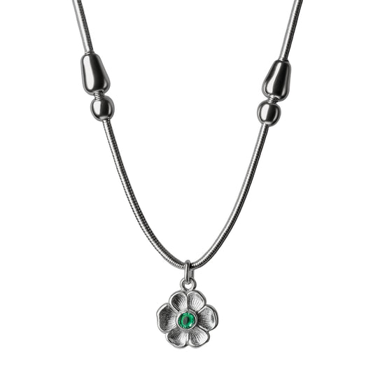 925 Sterling Silver Green Stone Floral Pendant Necklace
