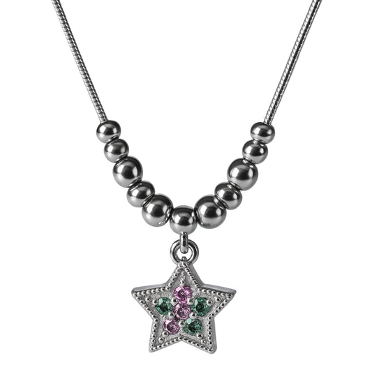 925 Sterling Silver Star Pendant Necklace with Pink & Green Accents