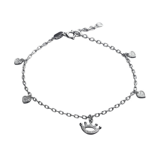 Silver Crown & Heart Charm Anklet
