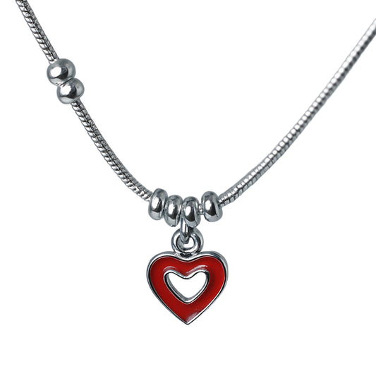 925 Sterling Silver Red Enamel Heart Charm Necklace