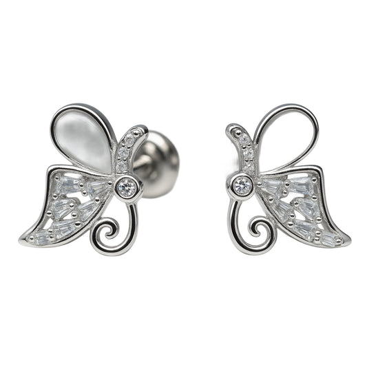 925 Sterling Silver Butterfly Design Stud Earrings with CZ Detailing