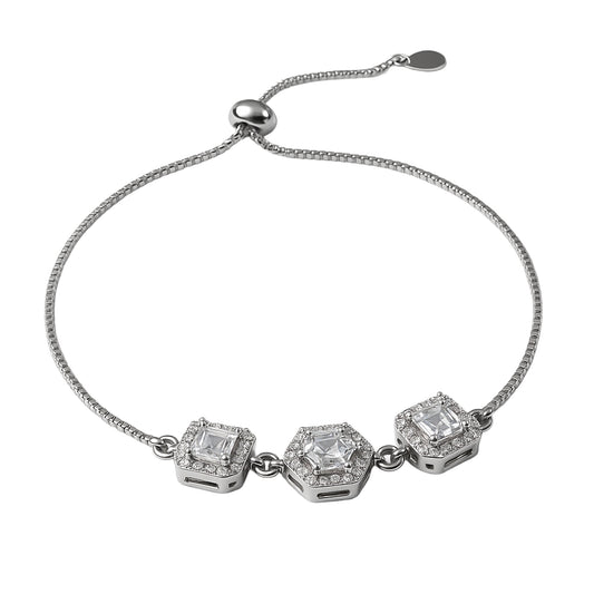 925 Sterling Silver Triple Hexagon Halo CZ Bracelet