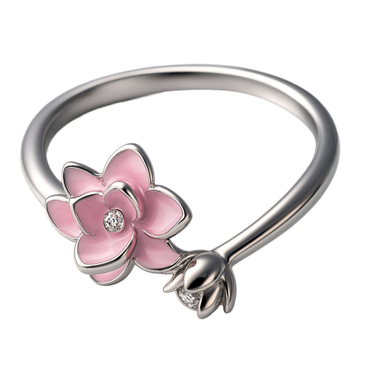 925 Sterling Silver Pink Enamel Lotus Flower Ring