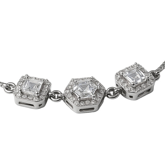 925 Sterling Silver Triple Hexagon Halo CZ Bracelet