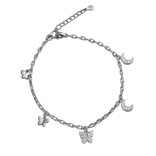 Moon & Butterfly Charm Silver Anklet