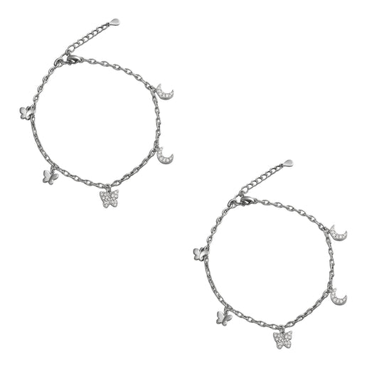 Moon & Butterfly Charm Silver Anklet
