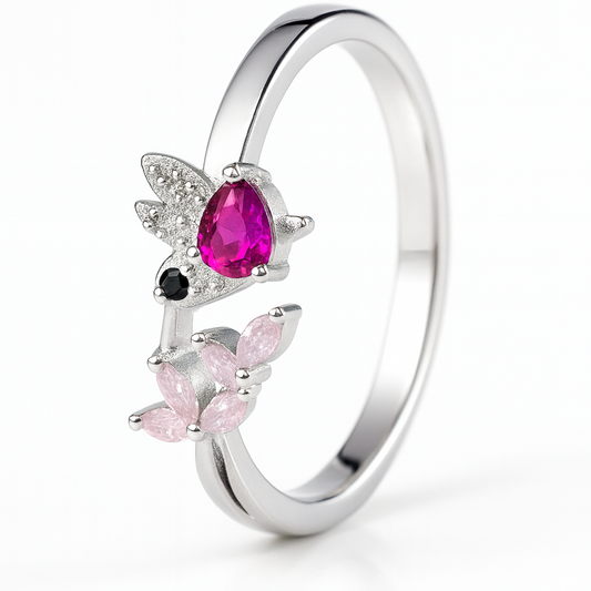 925 Sterling Silver Hummingbird & Floral Ring with Colorful Stones