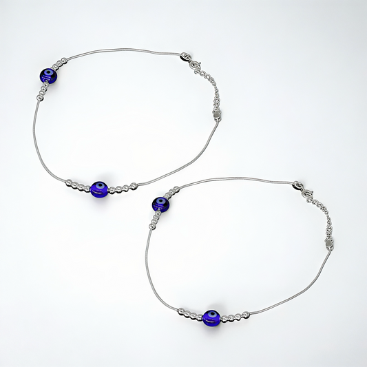 925 Sterling Silver Blue Evil Eye Anklet Pair for Women