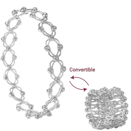 Silver convertible necklace on a white background