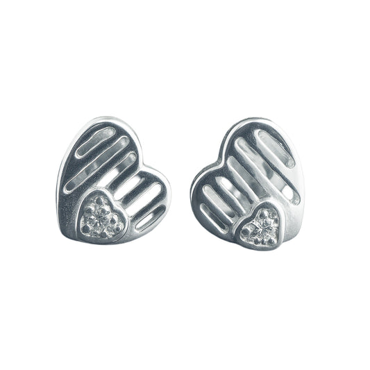 Double Heart Stud Earrings with Zircon Accent - 925 Sterling Silver