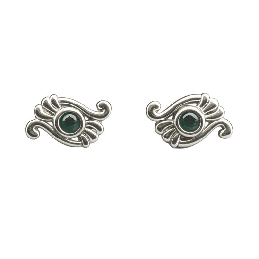 925 Sterling Silver Peacock Feather Stud Earrings with Green Stone