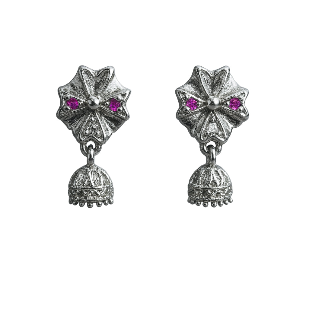 925 Sterling Silver Floral Pink Stone Jhumka Earrings