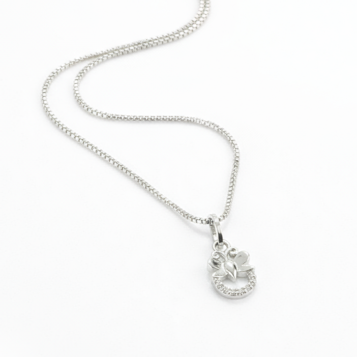 Silver necklace with a heart-shaped pendant on a white background