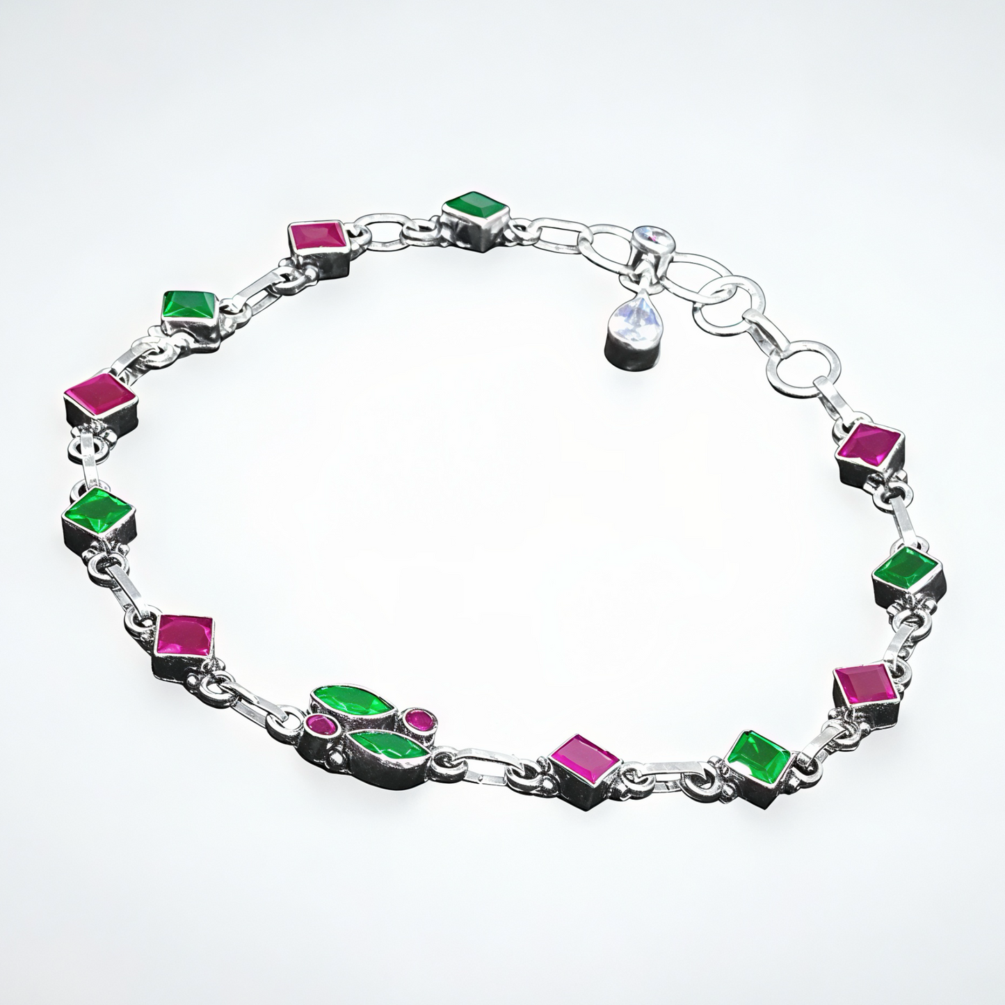 925 Sterling Silver Ruby & Emerald CZ Anklet Pair for Women