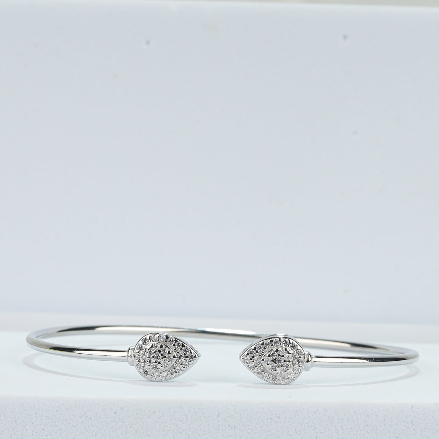 925 Sterling Silver Twin Teardrop CZ Open Bangle Bracelet