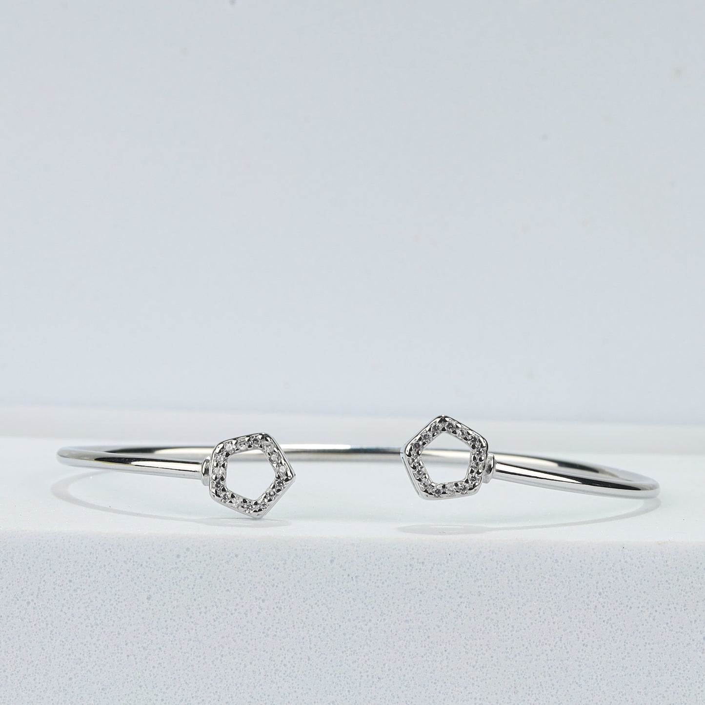 925 Sterling Silver Twin Geometric CZ Open Bangle Bracelet