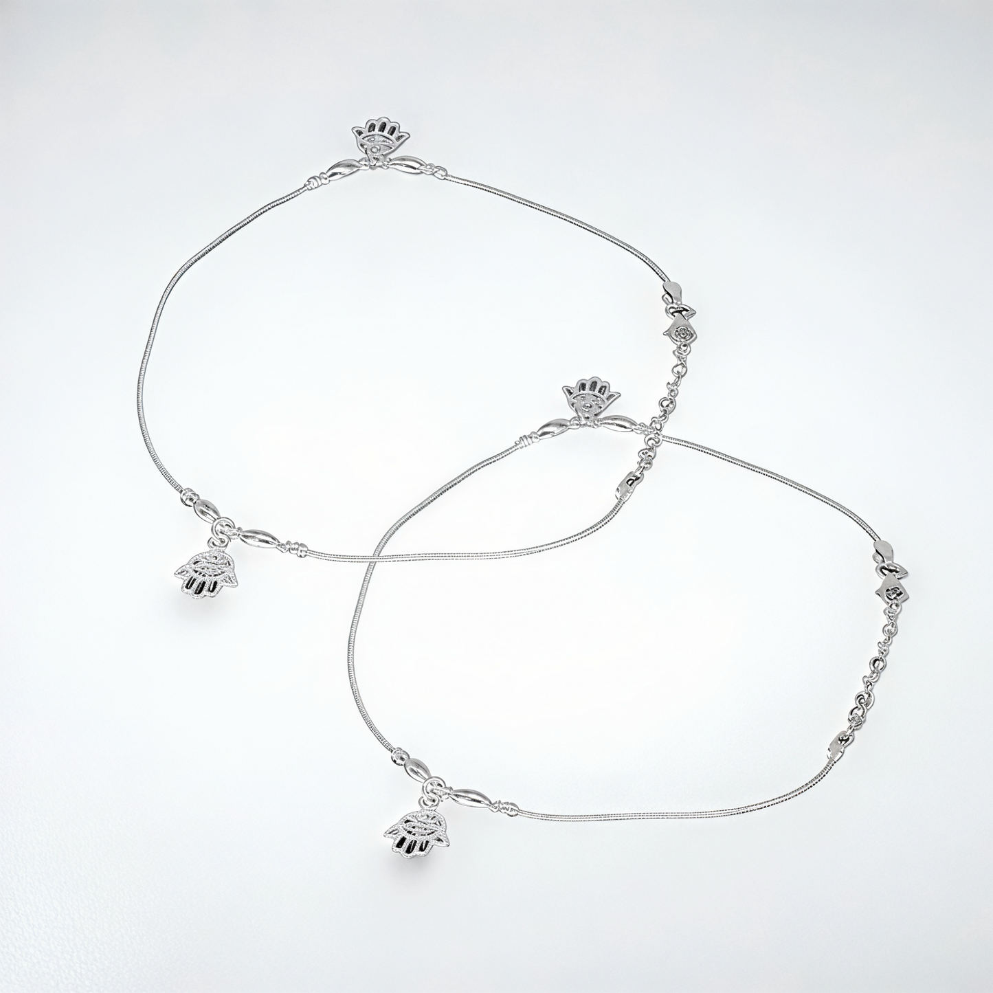 925 Sterling Silver Hamsa Hand Anklet Pair for Women