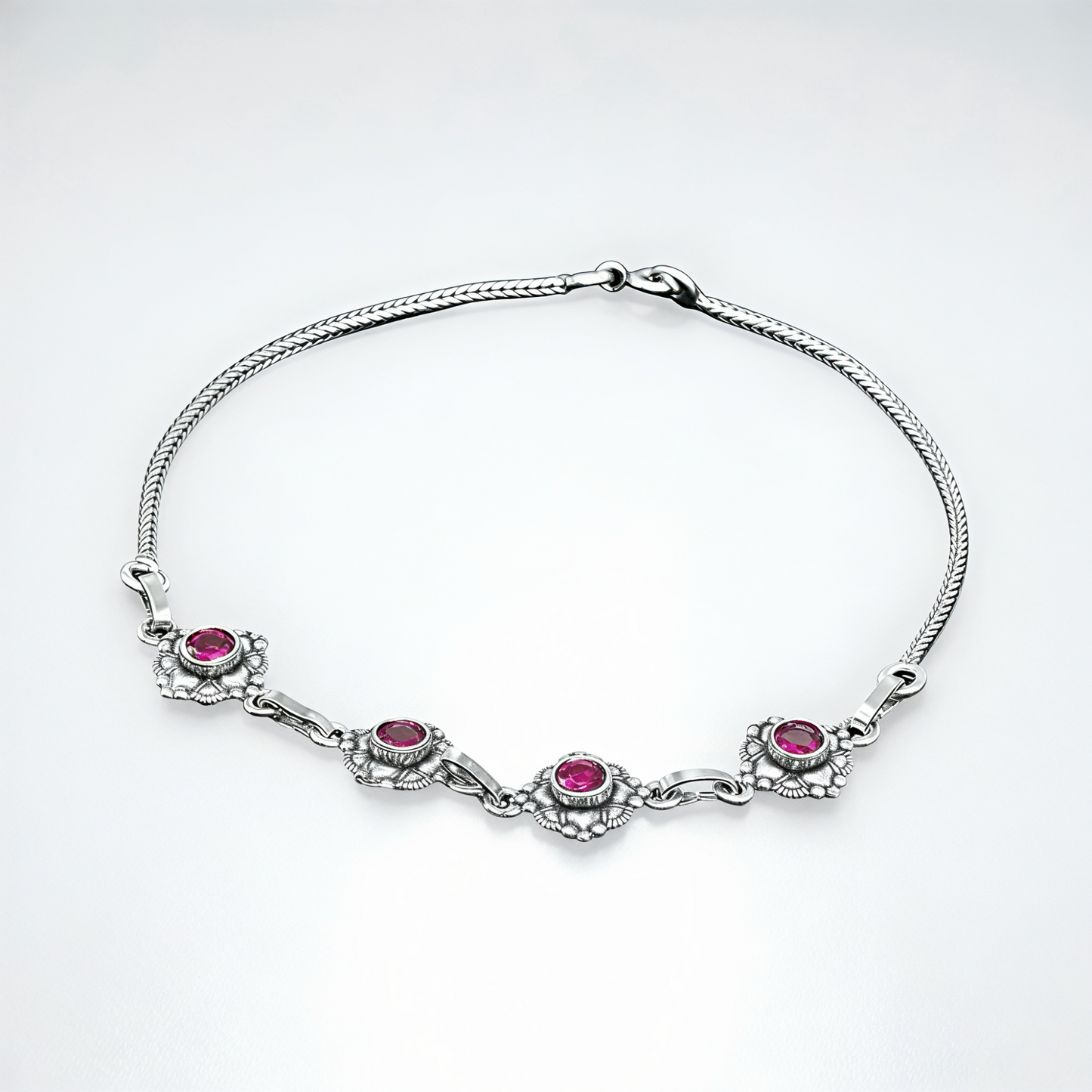 925 Sterling Silver Ruby Floral Anklet Pair for Women