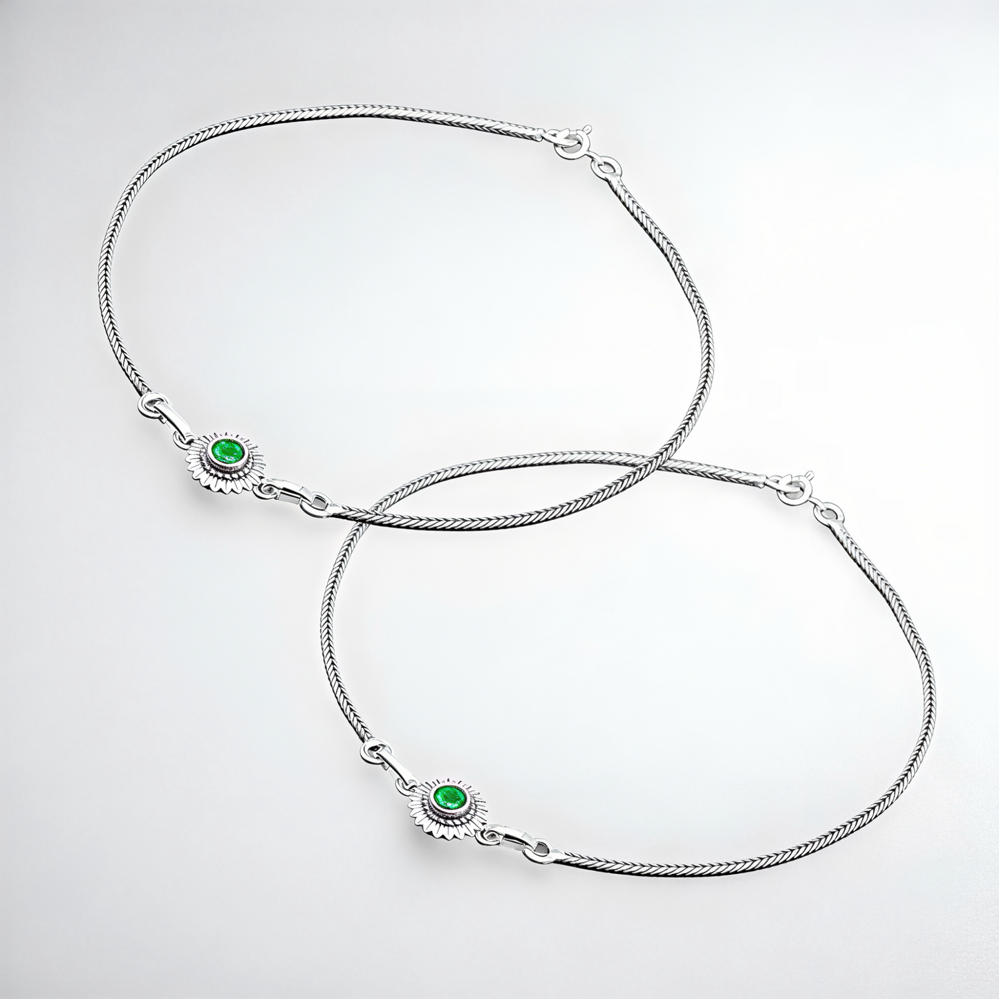 925 Sterling Silver Green Stone Sunburst Anklet Pair for Women