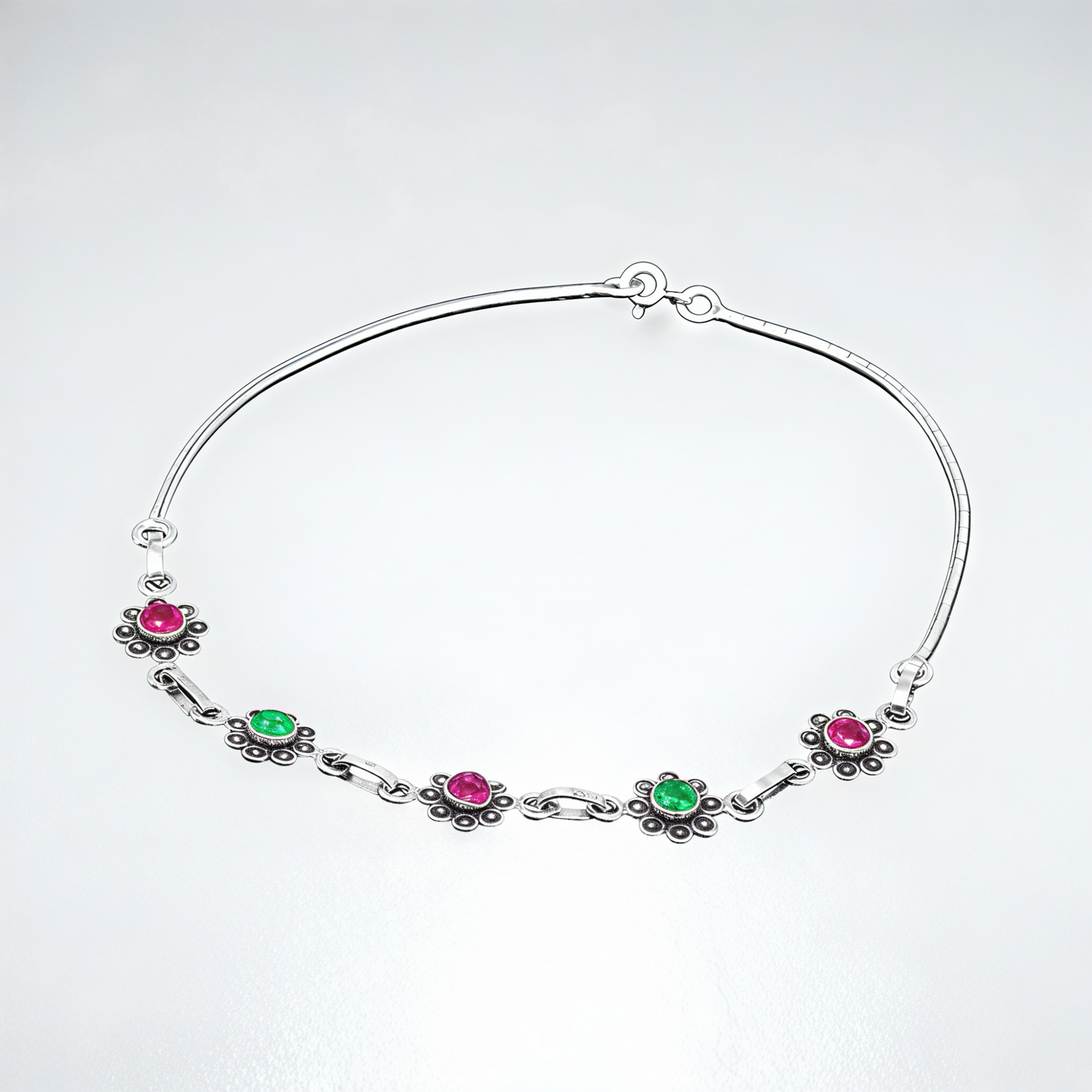 925 Sterling Silver Ruby & Emerald Floral Anklet Pair for Women