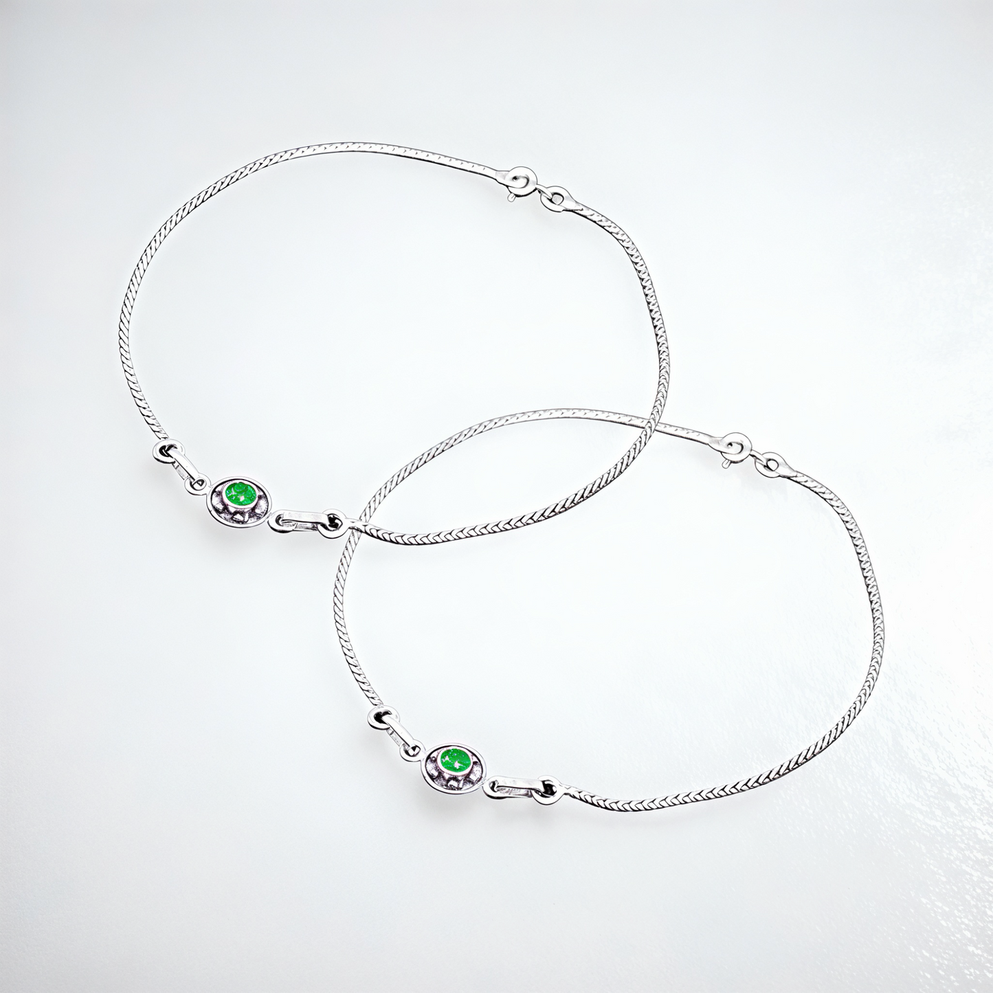 925 Sterling Silver Green Stone Classic Anklet Pair for Women