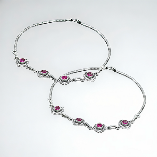 925 Sterling Silver Ruby Floral Anklet Pair for Women