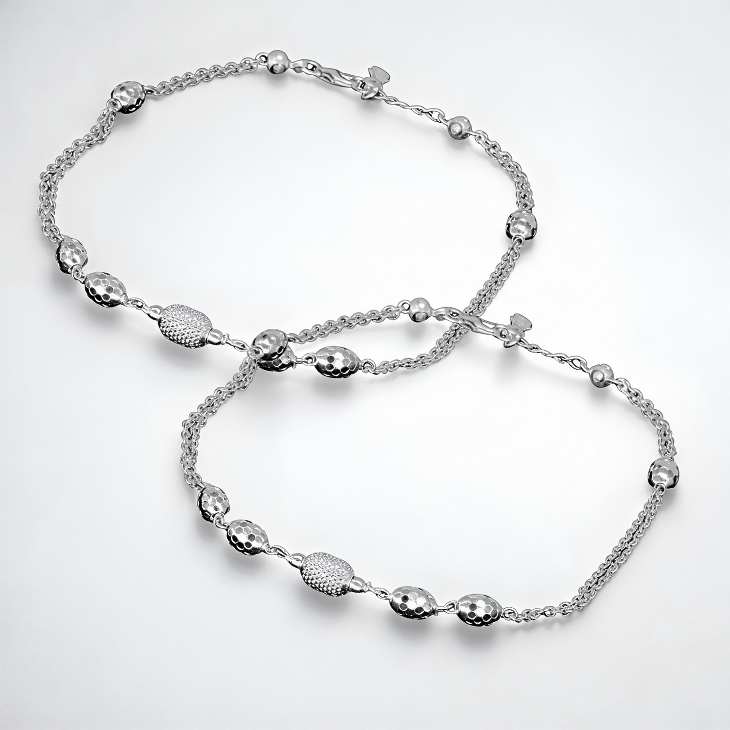 925 Sterling Silver Hammered Bead Dual Chain Anklet Pair for Women