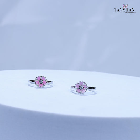 Handcrafted 925 Sterling Silver Adjustable Toe Ring – Pink Blossom Design