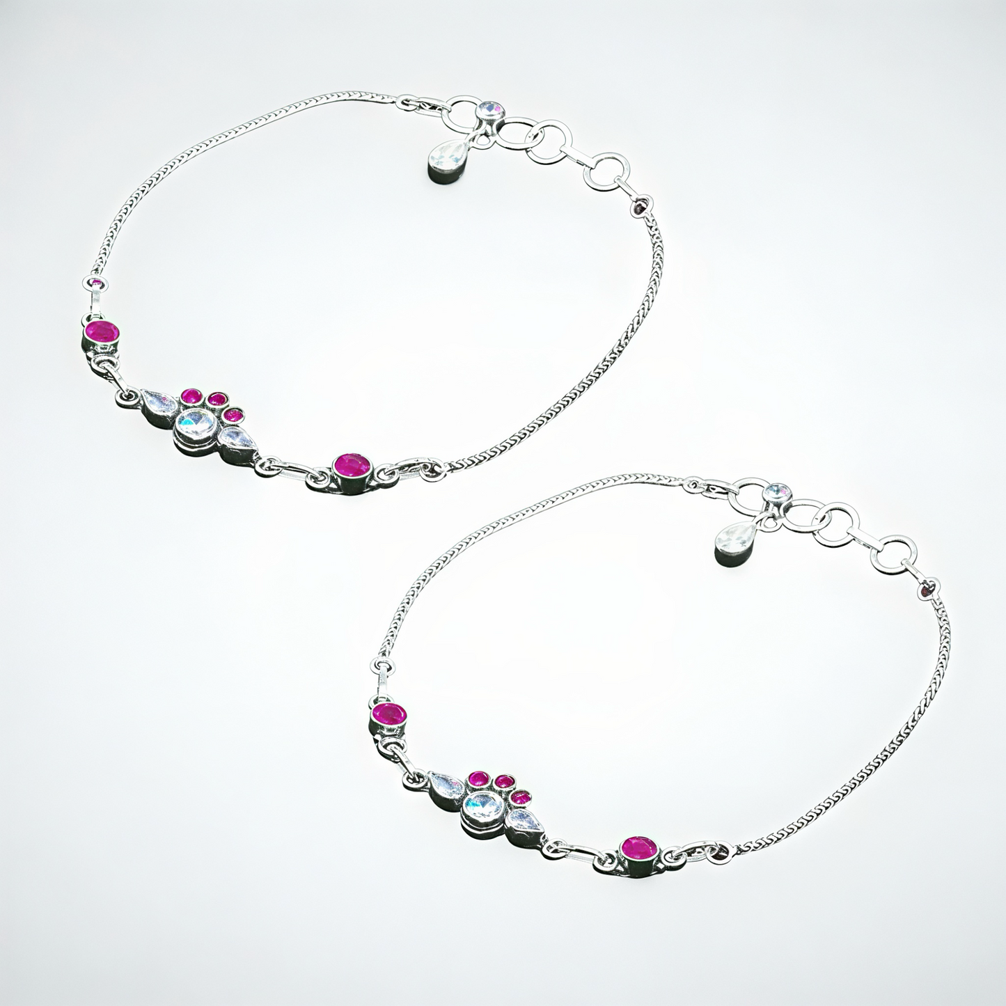 925 Sterling Silver Pink & White CZ Stone Anklet Pair for Women