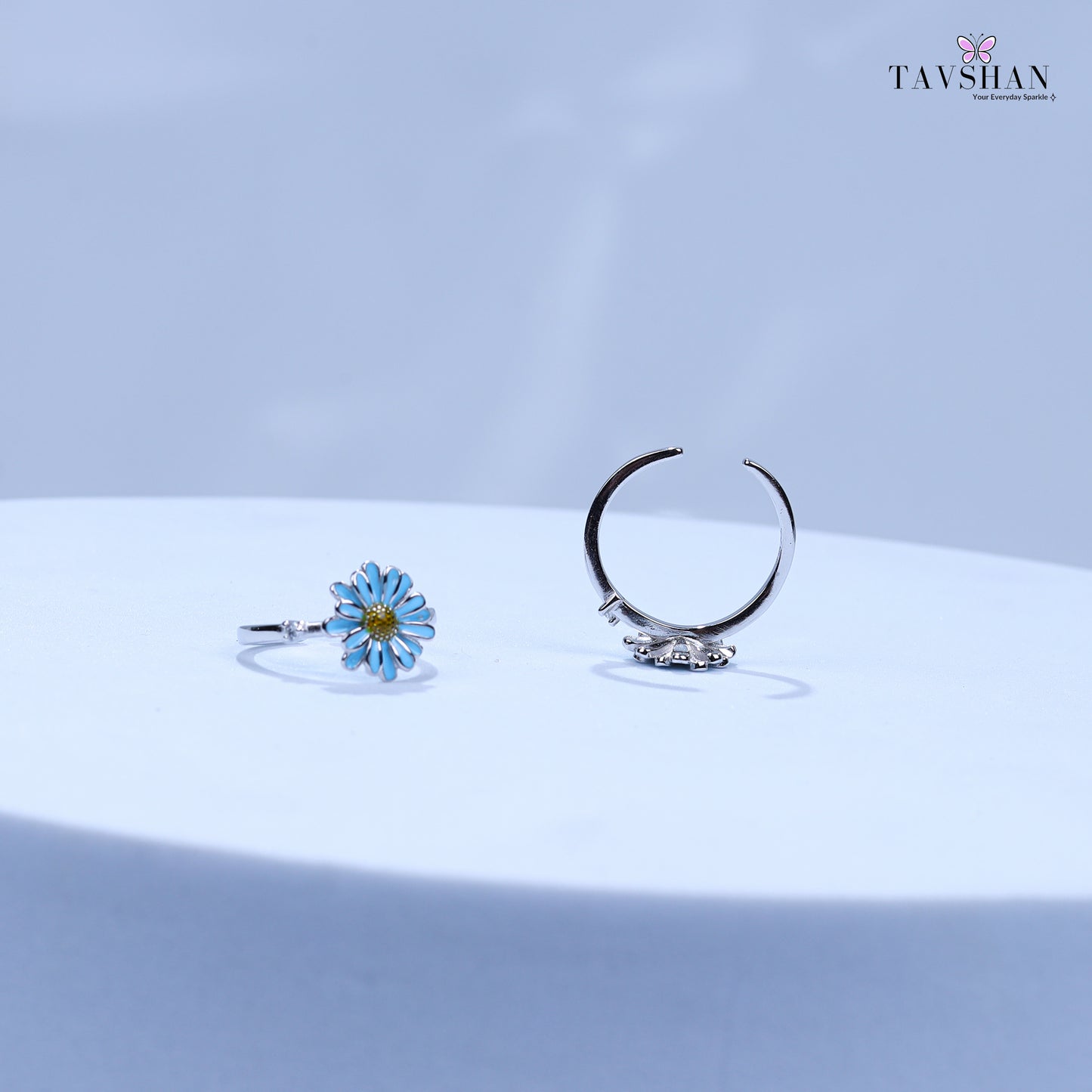 Delicate Sterling Silver Toe Ring – Blue Floral Enamel with Yellow Center Accent