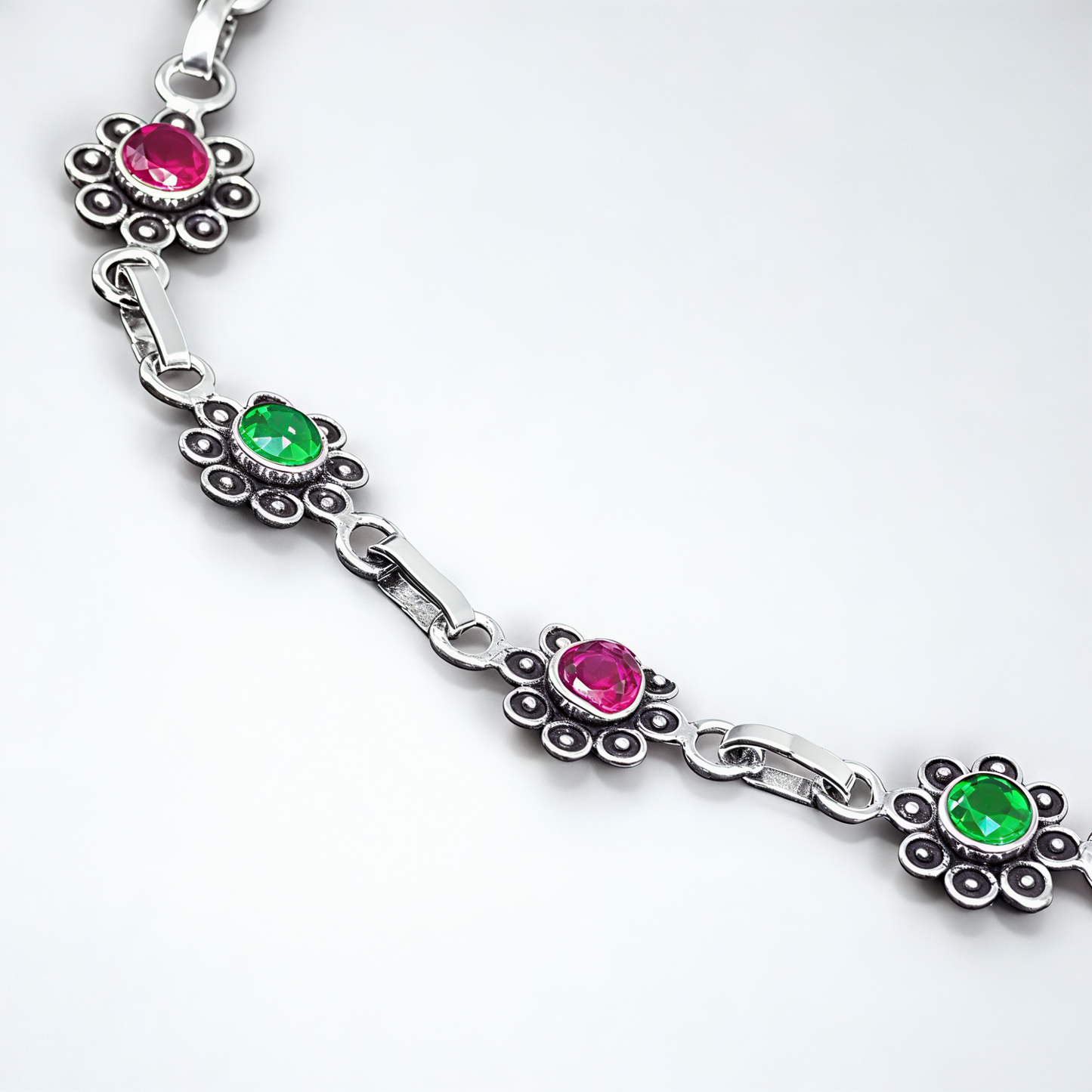 925 Sterling Silver Ruby & Emerald Floral Anklet Pair for Women