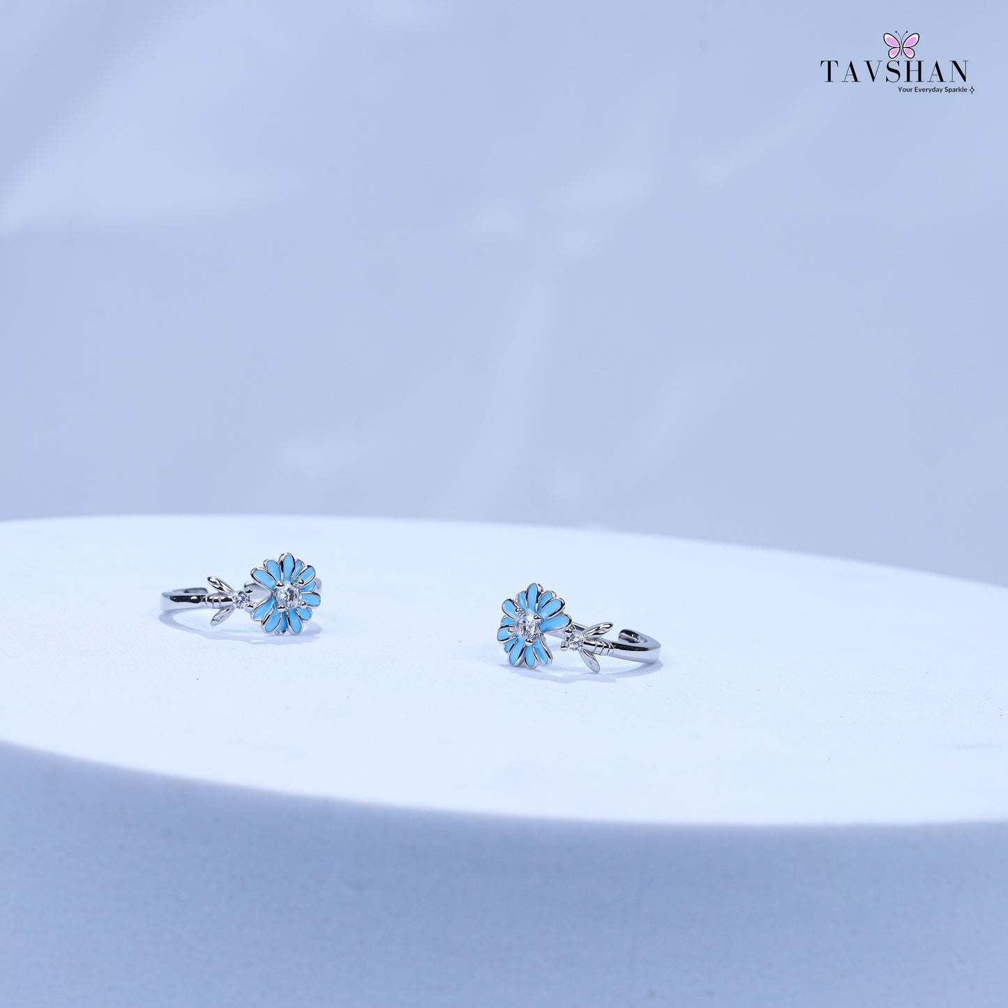 925 Sterling Silver Adjustable Toe Ring – Blue Floral Enamel with Sparkle Stone