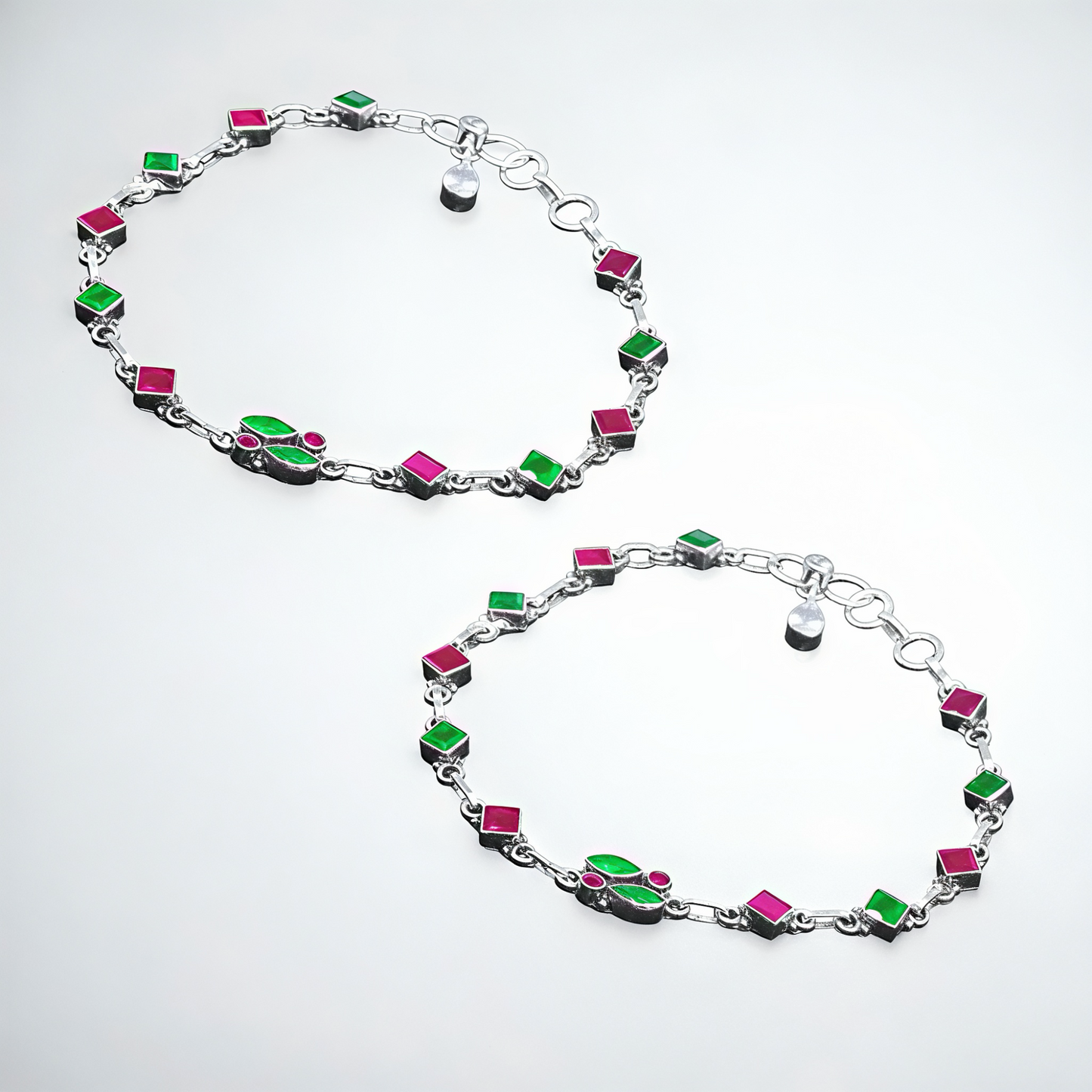 925 Sterling Silver Ruby & Emerald CZ Anklet Pair for Women