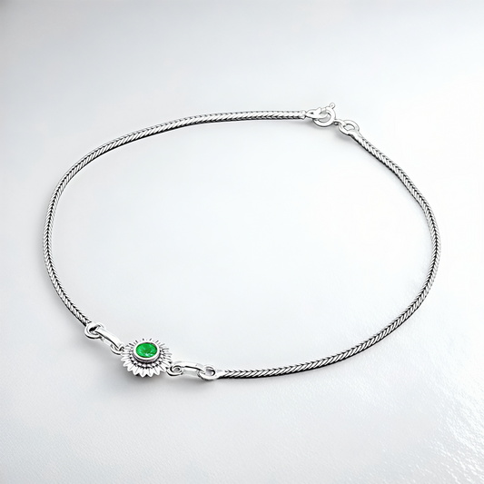 925 Sterling Silver Green Stone Sunburst Anklet Pair for Women