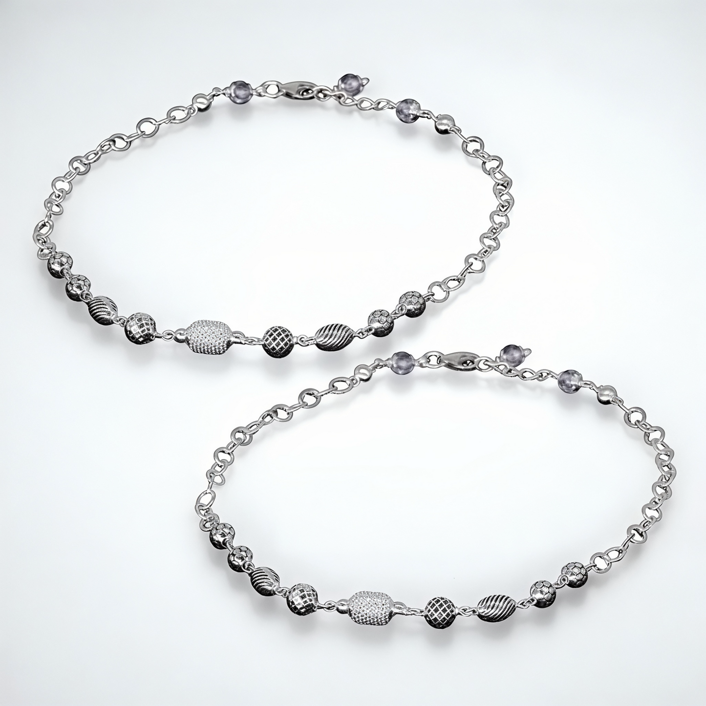 925 Sterling Silver Textured Bead Anklet Pair for Women