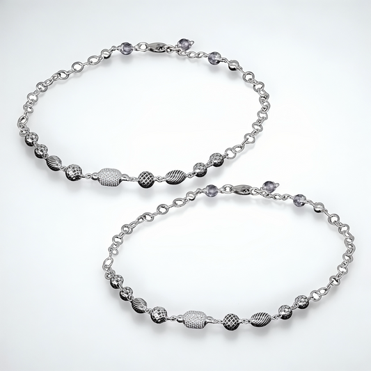 925 Sterling Silver Textured Bead Anklet Pair for Women